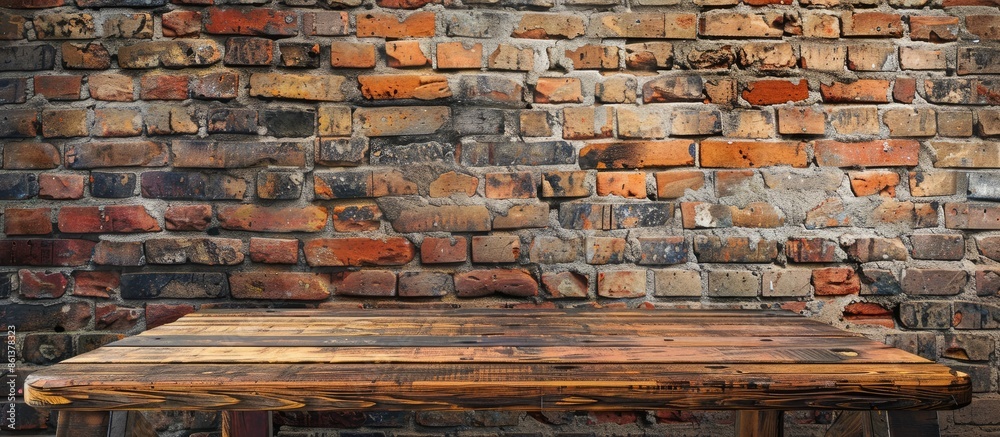 Poster Rustic brick wall serves as backdrop for wooden table with clear space for product display mockup. Retro design creates a vintage presentation. copy space available