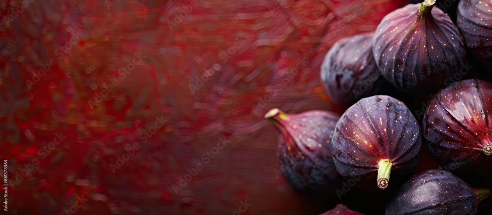 Poster close-up of ripe fresh figs on a reddish brown backdrop with copy space image.