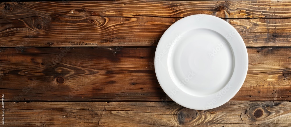 Poster wooden kitchen table displaying an empty white plate with copy space image.
