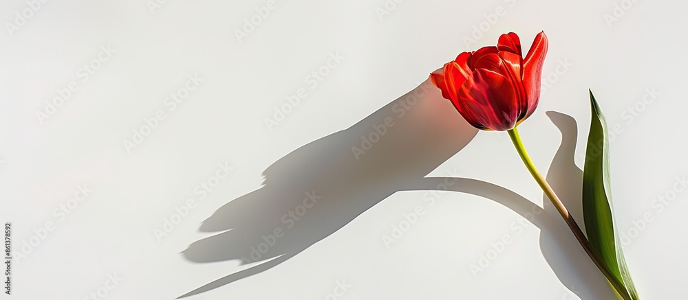Poster isolated tulip flower casting a shadow on a white background, creating copy space image.