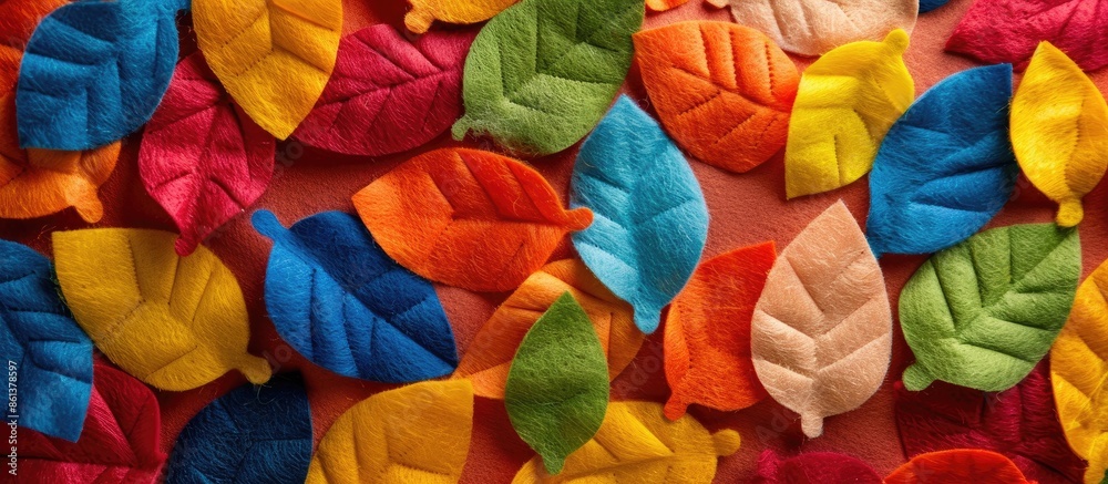 Poster background in autumn shades featuring colorful felt leaves for a copy space image.