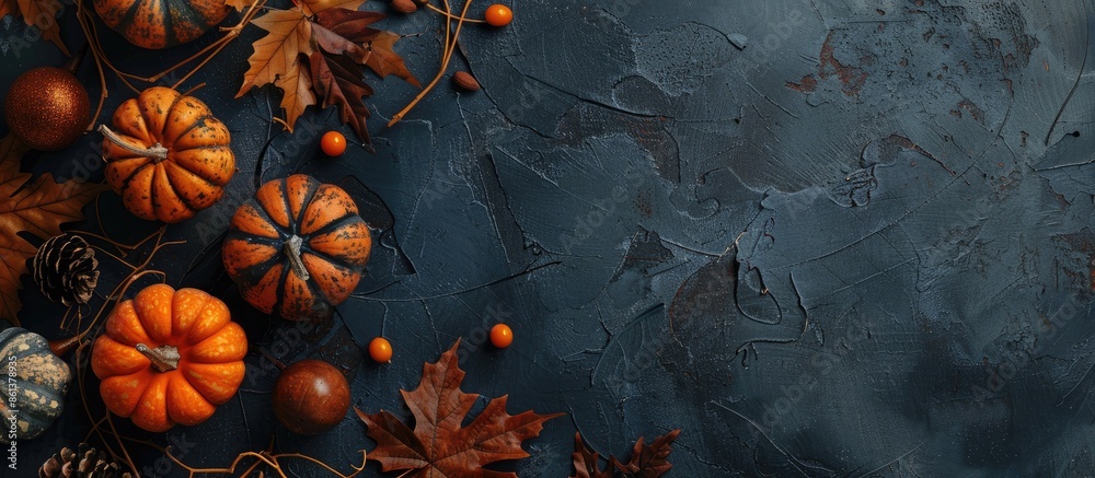 Poster thanksgiving-themed setup with pumpkins, leaves, and decor on a textured table in a top-down view, o