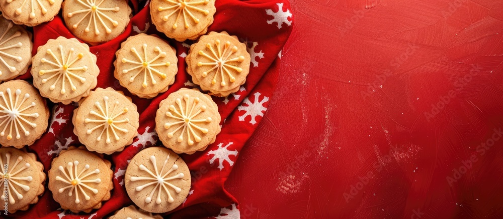 Poster Top view closeup of patterned cookies on a red tablecloth with copy space image for background or seamless template.