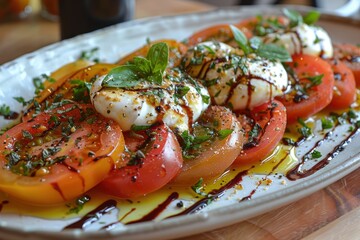 A delicate salad of fresh heirloom tomatoes, burrata cheese, and a drizzle of aged balsamic vinegar.