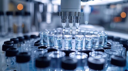 Automated DNA sequencing equipment, hightech lab, process in action, front view, advanced genetic technology, technology tone, vivid, copy space for text,