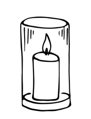 Burning candle in a glass flask. simple vector drawing with black outline.
