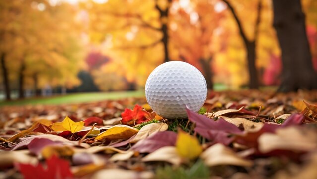 golf ball on the autumn leaves, golfing during the fall season