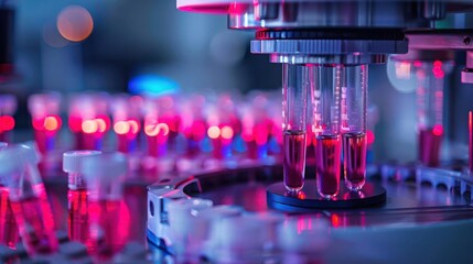 Automated DNA sequencing equipment, hightech lab, process in action, front view, advanced genetic technology, technology tone, vivid, copy space for text,