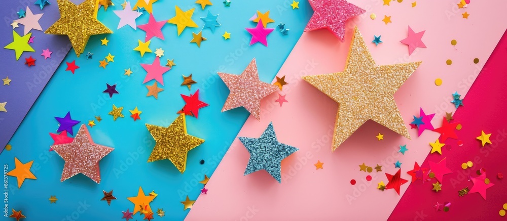 Fototapete colorful stars made of glitter and golden sequins arranged on various colored paper backgrounds, cre