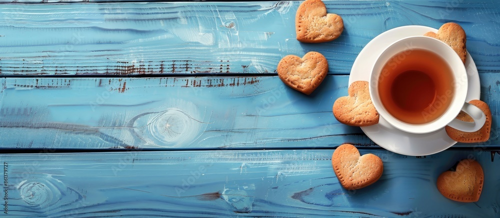 Poster top view of heart-shaped cookies with a white cup of tea on a blue wooden surface in a copy space im