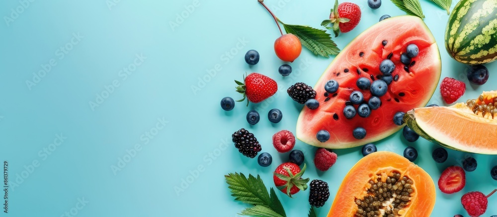 Poster fresh juicy berries, watermelon, and papaya arranged on a blue background in a top-view composition,