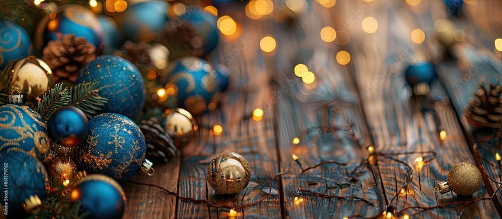 Poster Festive Christmas arrangement with blue and gold ornaments, blurred lights on a rustic wooden backdrop. Overhead view with room for text. copy space available