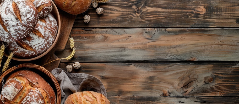 Poster breads freshly baked, arranged on a rustic wooden table with a blank space for an image. copy space 