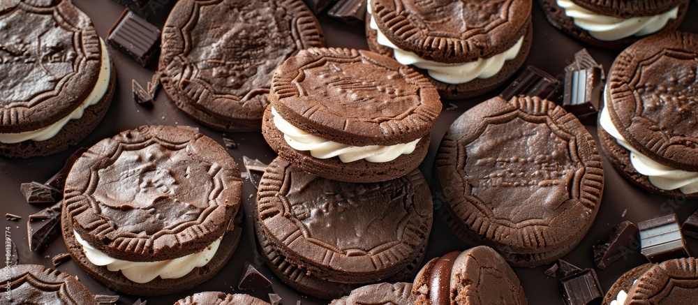 Poster A detailed shot of chocolate cookies filled with cream against a background suitable for adding text or other elements. copy space available
