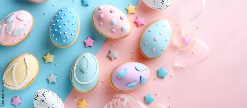Poster easter-themed holiday preparation with multi-colored eggs and cookies on a pastel background, repres