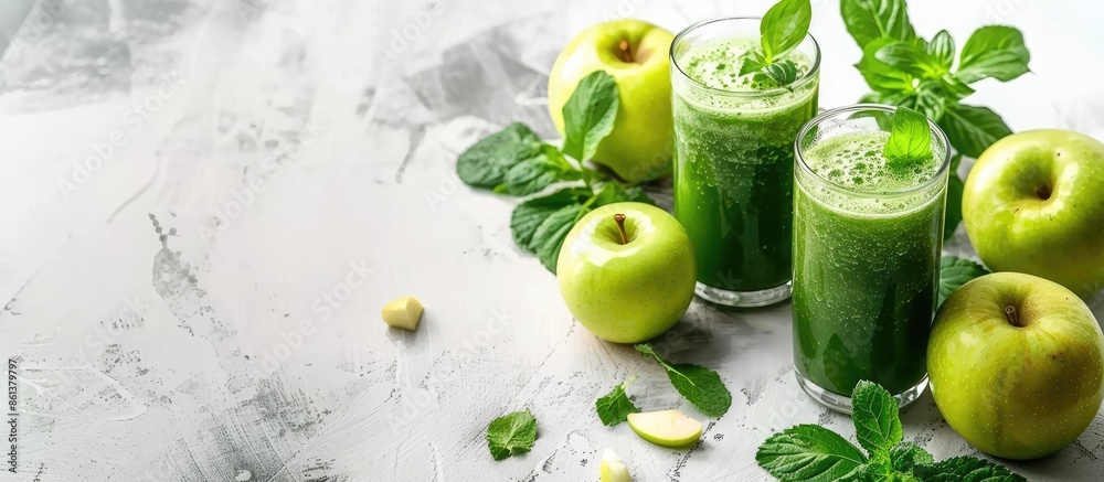 Poster Fresh green juice and apples with copy space image on a white backdrop