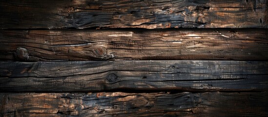 Obraz premium Vintage wooden background with a dark, rustic appearance, ideal for a long panoramic banner with copy space image.