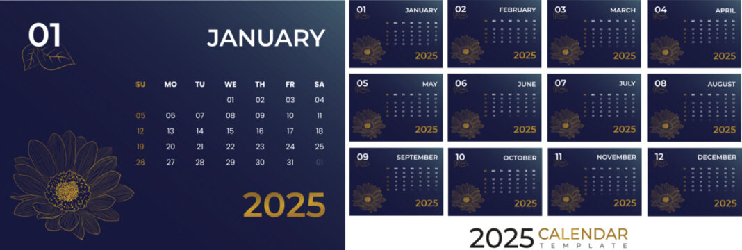 Desk Calendar 2025 week start Sunday corporate design planner template. unique dark background golden floral line art design calendar template. 2024 2025