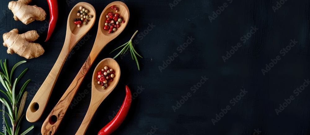 Poster top view of a black background with wooden spoons holding dry spices like ginger, rosemary, and chil