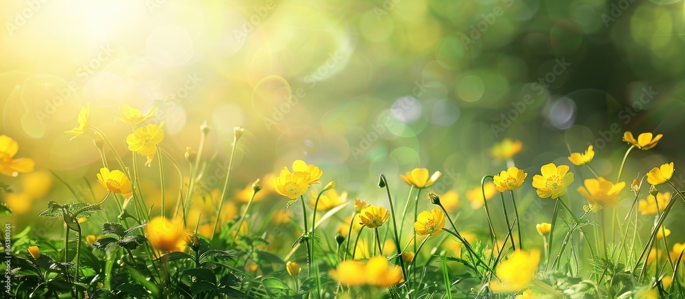 Poster Lush meadow with vibrant yellow flowers as a serene copy space image.