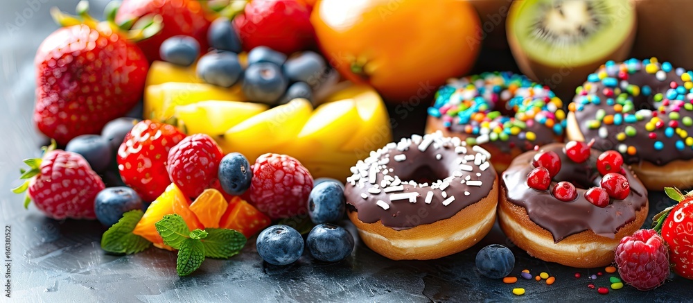 Poster display of colorful fruit and decadent chocolate donuts with copy space image.