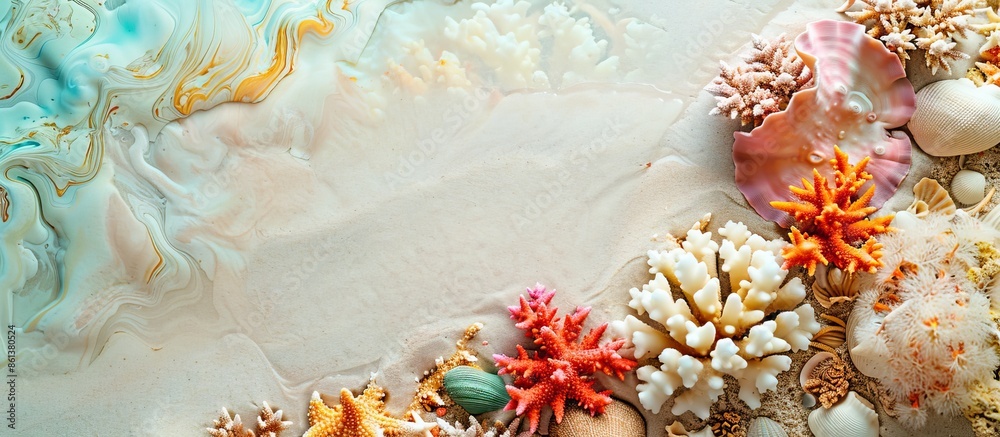 Aufkleber copy space image with coral reef pieces set against a sandy beach backdrop.