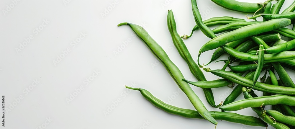 Poster green beans vegetable close-up on white background with ample copy space image.