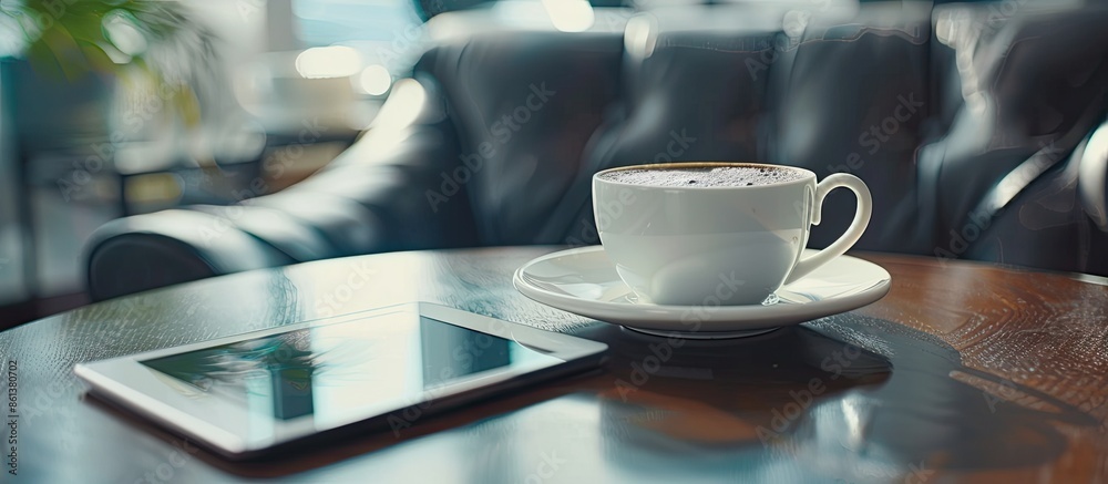 Poster copy space image featuring a tablet and a cup of coffee on a desk in a professional setting.