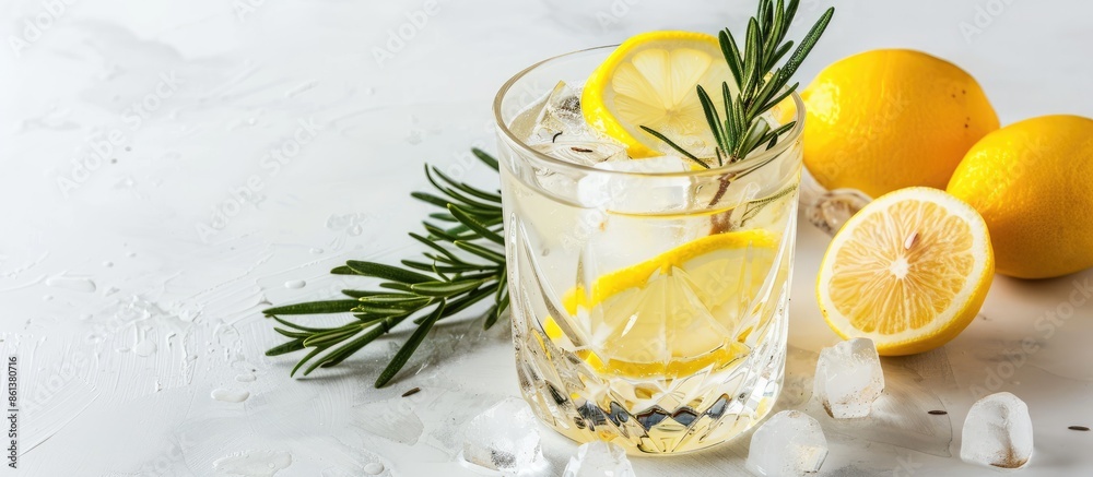 Aufkleber Gin cocktail garnished with lemon slices and juniper sprig on a white background. Ideal for adding your message, with copy space image.