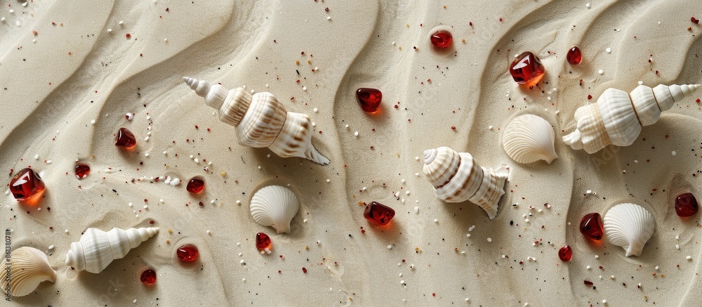 Aufkleber a summer-themed backdrop with white cone shells and red glass pebbles on a sandy surface, ideal for 