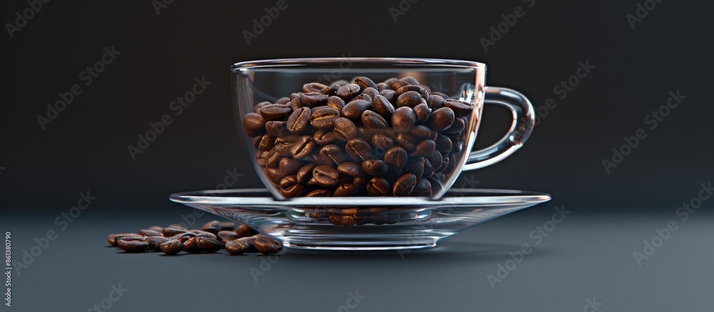 Poster a glass cup with coffee grains placed on a saucer, with ample empty space for an image.