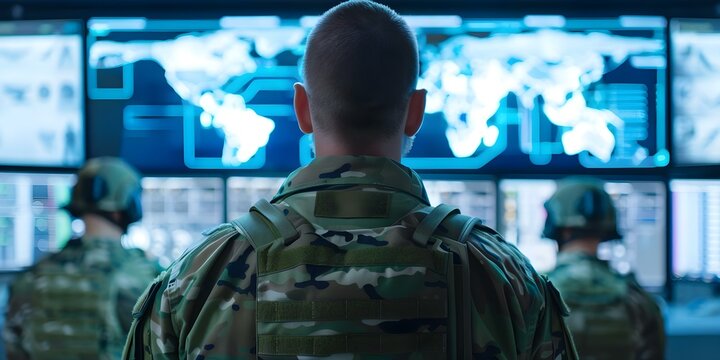 Soldiers monitor screens in advanced global surveillance command center. Concept Military Technology, Surveillance Operations, Global Security, Command and Control, Conflict Analysis
