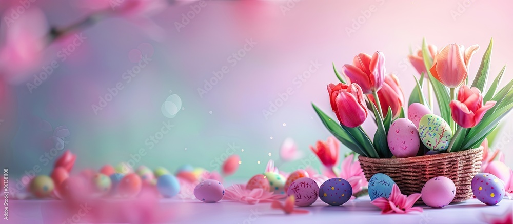 Poster an easter-themed arrangement featuring tulips and a basket filled with colorful painted eggs, leavin
