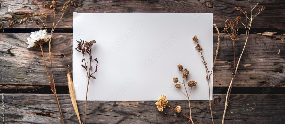 Poster a white sheet of paper on a rustic wooden backdrop adorned with three dried flowers, suitable for a 