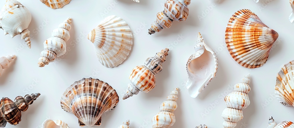 Poster close-up of numerous seashells on a white backdrop, with ample copy space image.