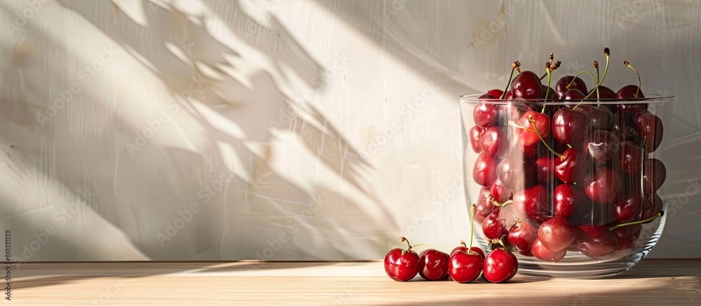 Poster on a sunny day, glass containers display fresh cherries with copy space image.