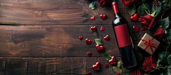 Fototapeta premium Valentine's Day celebration with items like a bottle of wine, roses, hearts, and a gift on a wooden background with copy space image.