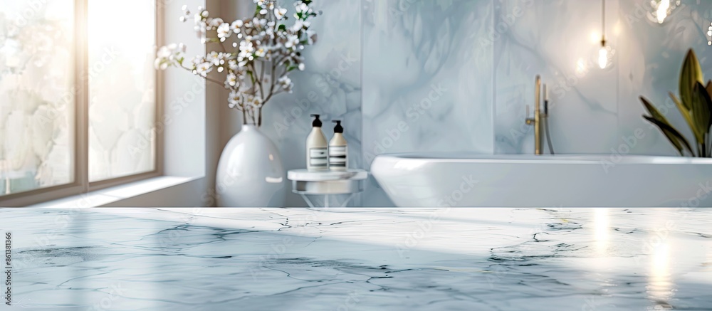 Poster a bare marble table background with a blurry bathroom interior for displaying products in a montage 