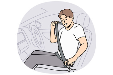 Smiling man putting protection belt sitting in car. Happy guy fasten seatbelt in automobile. Safety on road. Vector illustration.
