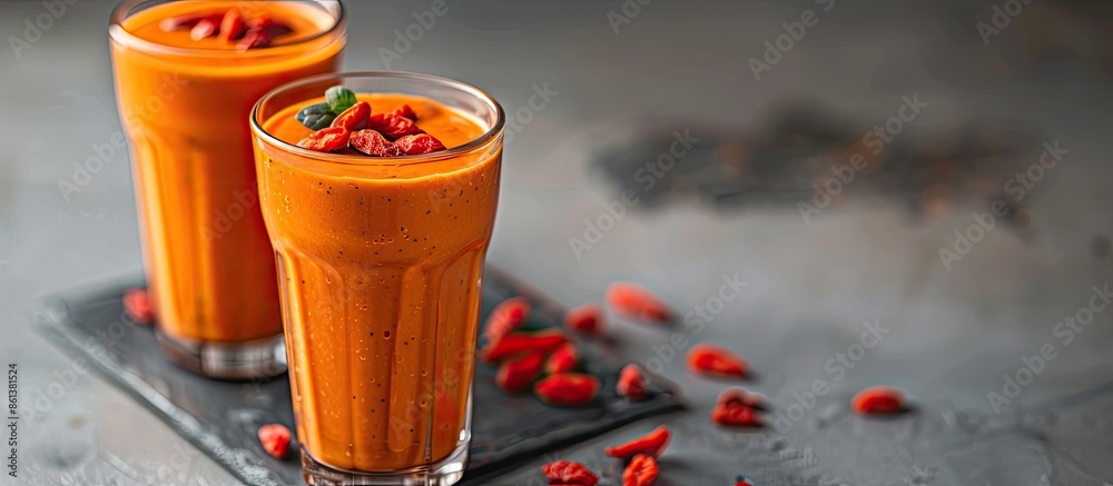 Poster Glasses on the table showcase a refreshing smoothie garnished with vibrant goji berries against a blank backdrop for a copy space image.