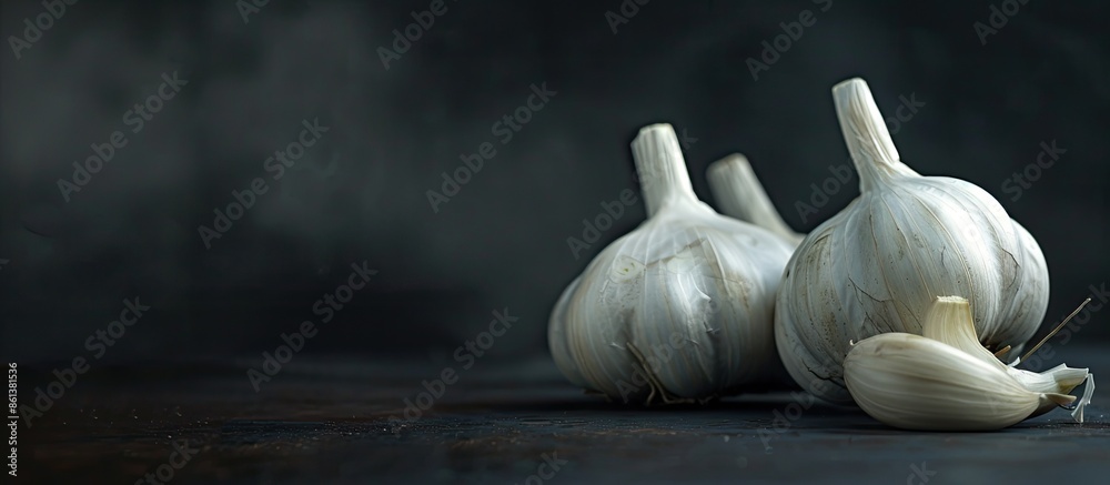 Aufkleber Garlic bulbs are displayed on a dark background with room for text on the right side in the copy space image.