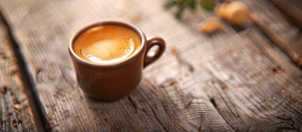 Poster Begin the day with a steaming espresso in a small ceramic cup atop a wooden table with room for text or images in the background, ideal for showcasing products. copy space available