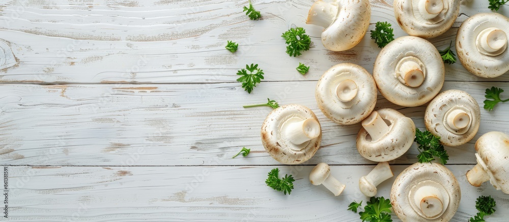 Poster flat lay composition with a variety of mushrooms, parsley, on a white wooden surface. the setup prov