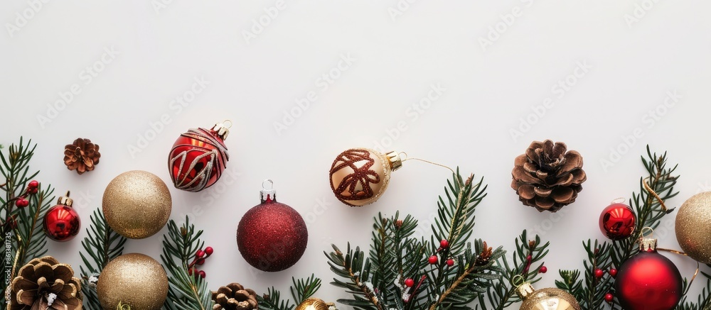 Poster Festive Christmas ornaments and toys displayed on a white background with a fir branch, creating a charming copy space image.