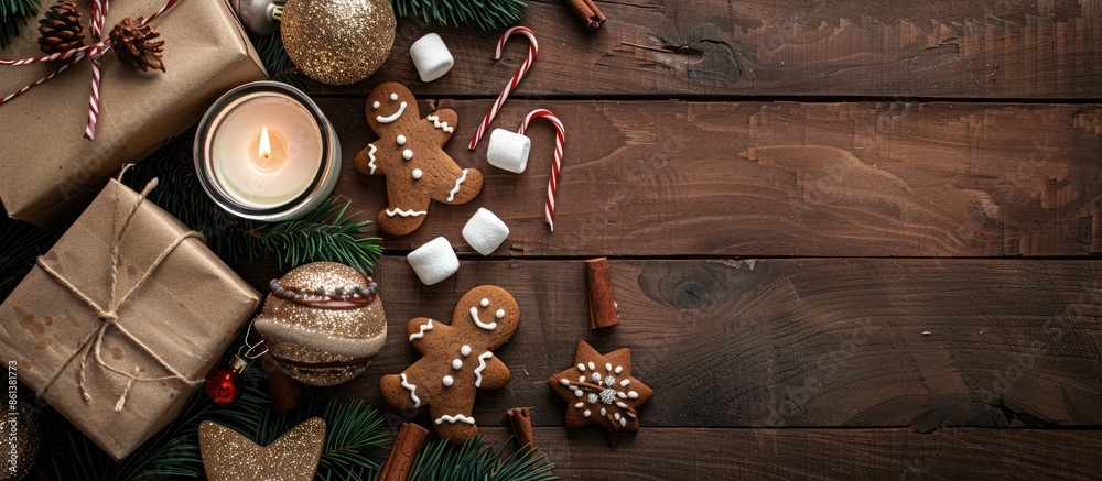 Poster top view of a festive setting with cocoa, marshmallow, gingerbread man, candles, and gift box on a d