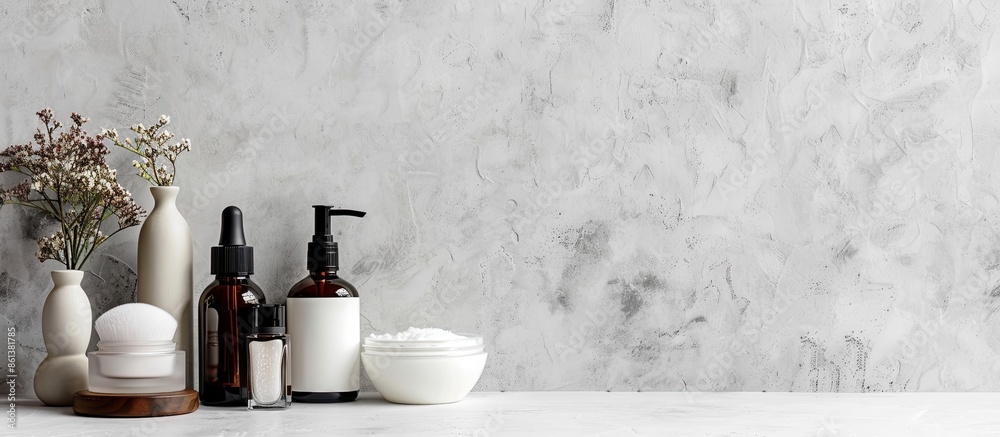 Poster utilized as a backdrop for showcasing cosmetic items in online sales with a white and gray textured 