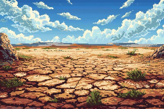 8-bit pixel landscape of cracked earth leading to a distant horizon, Concept of climate change, deserts, and expansive virtual worlds