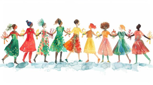 Colorful watercolor illustration of diverse women holding hands and dancing together, representing unity and friendship.