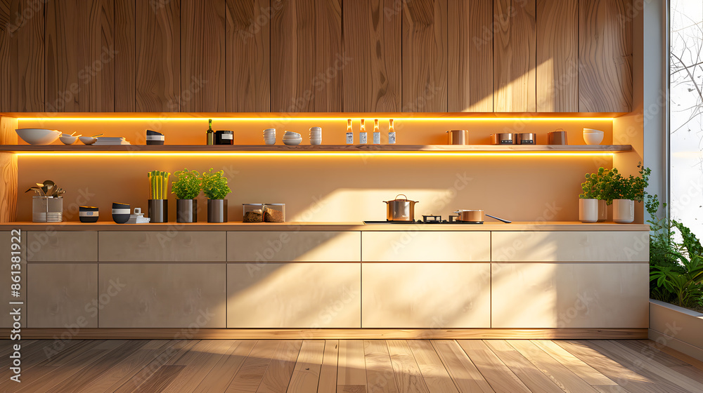 Poster Closeup shot of modern minimalist kitchen with beige cabinets walnut wood LED lights.  - Posters