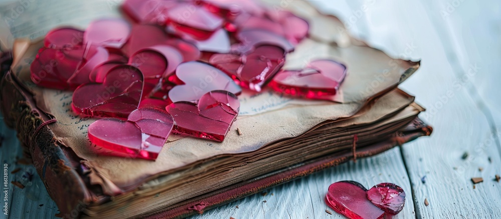 Poster red and pink heart-shaped shards placed on a vintage notebook against a white background with a copy